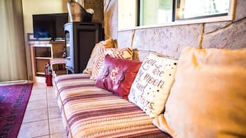 Un salon chaleureux avec un canapé, des coussins à motifs, un téléviseur et une cheminée en pierre.
