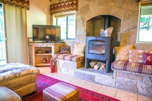 Smart TV, chimenea y libros