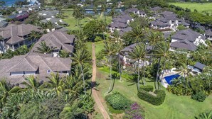 Zona residencial con casas, palmeras y vista al océano.