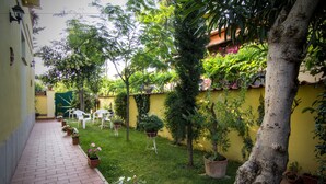 Un patio con un camino de ladrillo, plantas en macetas y una pared amarilla.
