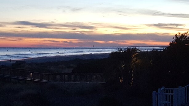 A beach view with a wooden fence and palm trees. - Historic Charleston Charm-1 mi beach/6 m downtown/Comfort & Safety   (Mt Pleasant)