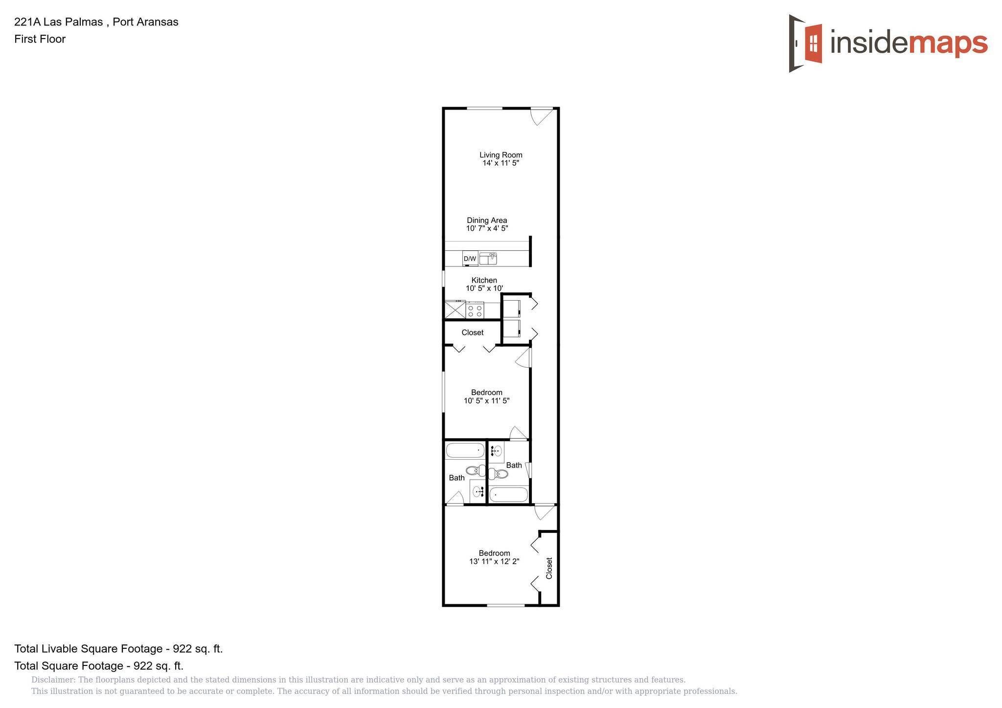 A floor plan of a first-floor apartment at 221A Las Palmas, Port Aransas, with a total livable square footage of 922 sq. ft. It includes a living room, dining area, kitchen, two bedrooms, and a bathroom.