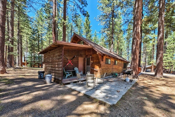 A cabin with a porch, outdoor seating, and a grill area.