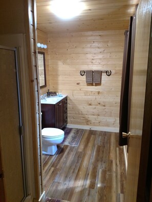 Combined shower/bathtub, hair dryer, towels, soap