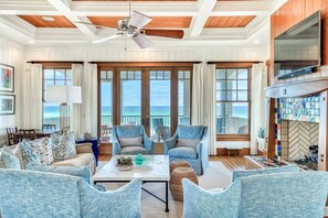 Smart TV, fireplace, DVD player, books