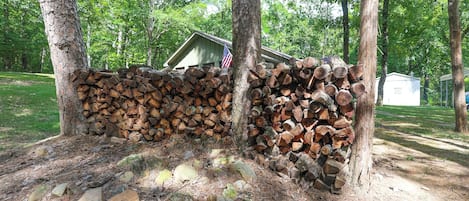 A stack of firewood against a tree, a small shed with an American flag, and a grassy area with trees in the background.