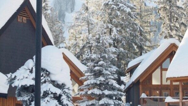 Een besneeuwde lodge met houten hutjes, een lantaarn en een bergachtig landschap op de achtergrond.