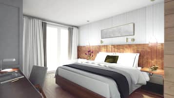 Quarto de hotel moderno com uma cama grande, uma escrivaninha e vista para o exterior.
