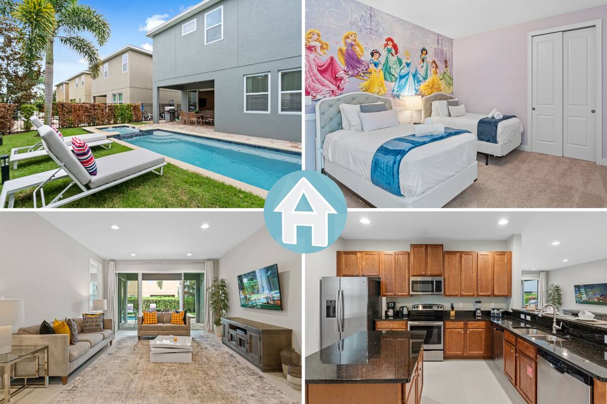 Un apartamento moderno con piscina, un dormitorio con un mural, un salón con televisor grande y una cocina con armarios de madera.