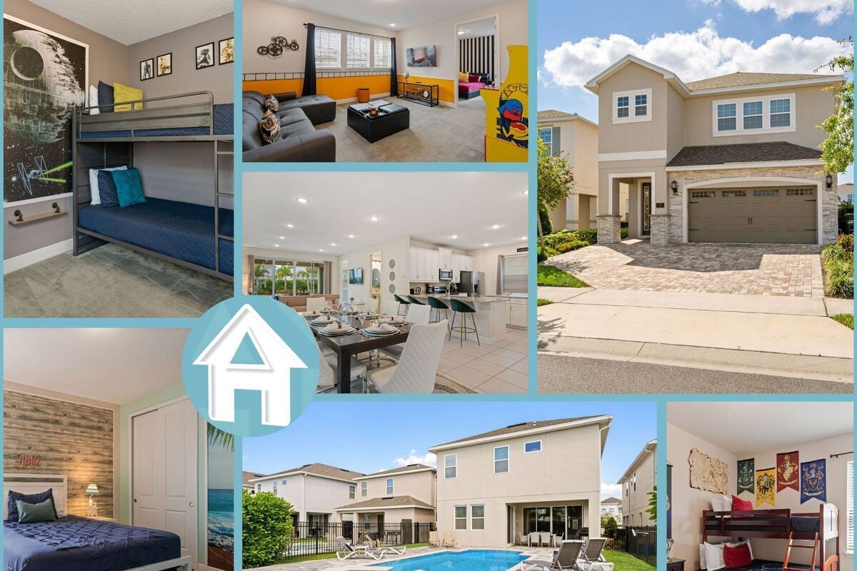Un collage de diferentes ambientes residenciales, tanto interiores como exteriores, que incluye dormitorios, salas de estar, cocinas y una zona de piscina.