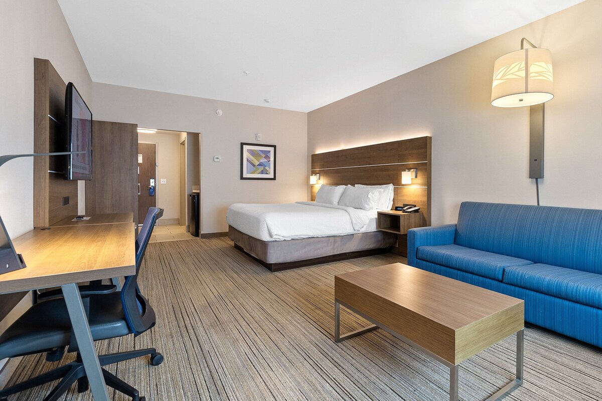 A hotel room with a bed, a blue sofa, a desk with a chair, a TV mounted on the wall, and a lamp.