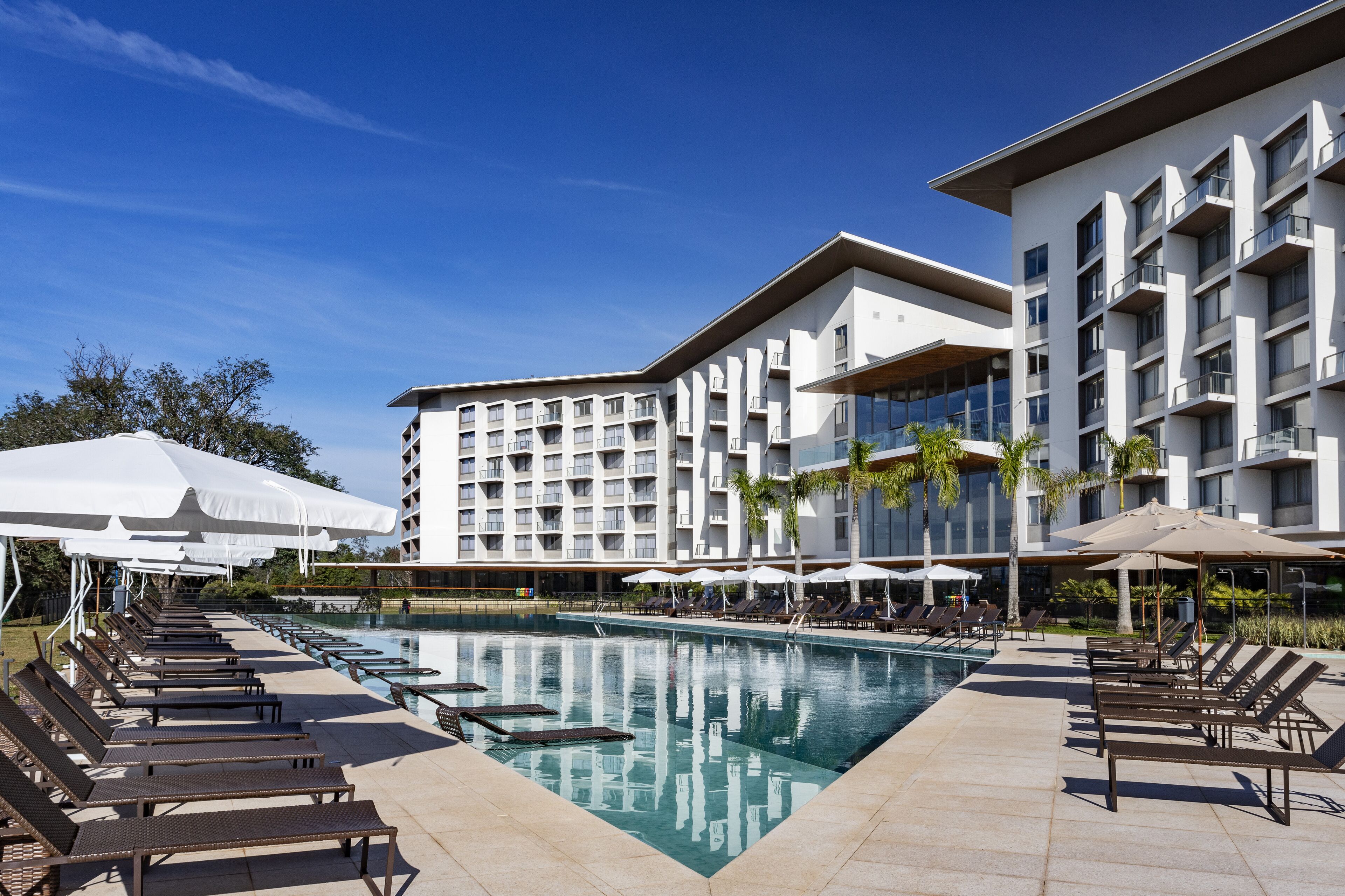 outdoor pool, pool umbrellas, pool loungers