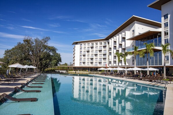 Outdoor pool, pool umbrellas, pool loungers