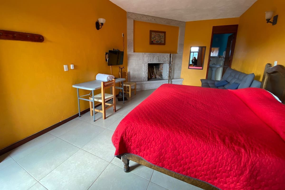 A room with a bed, a fireplace, a table with chairs, and a mirror.