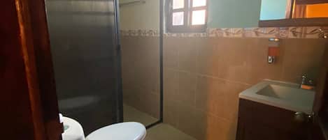 Une petite salle de bain comprenant des toilettes, un lavabo et une cabine de douche.