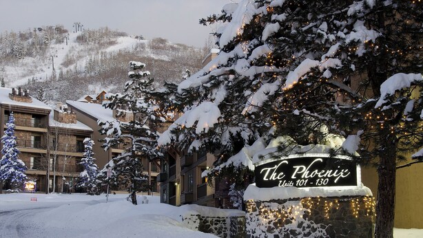 Un letrero de hotel cubierto de nieve, con un muro de piedra y luces colgantes, rodeado de árboles e inmuebles cargados de nieve.