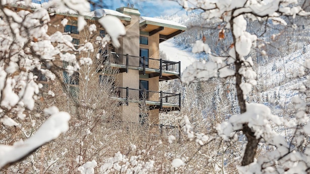 A modern building with a balcony, surrounded by snow-covered trees. - CA317 | Breathtaking Valley Views | Access to Outdoor Pool | Winter Shuttle (Steamboat Springs)