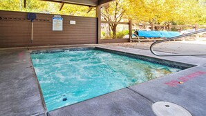 Ein Whirlpool mit einer Holzterrasse und einer Metallleiter.