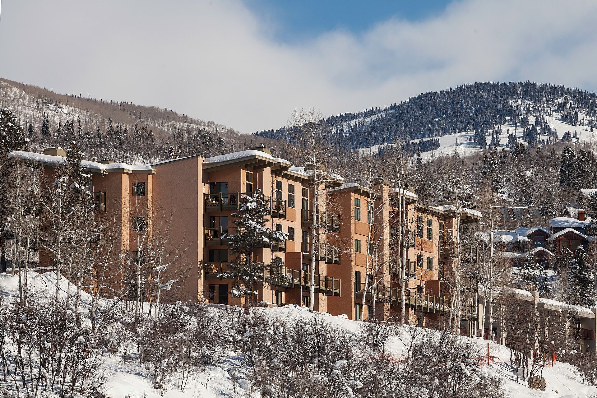 Un hôtel à plusieurs étages, doté de balcons, entouré d’arbres couverts de neige et avec des montagnes en toile de fond.