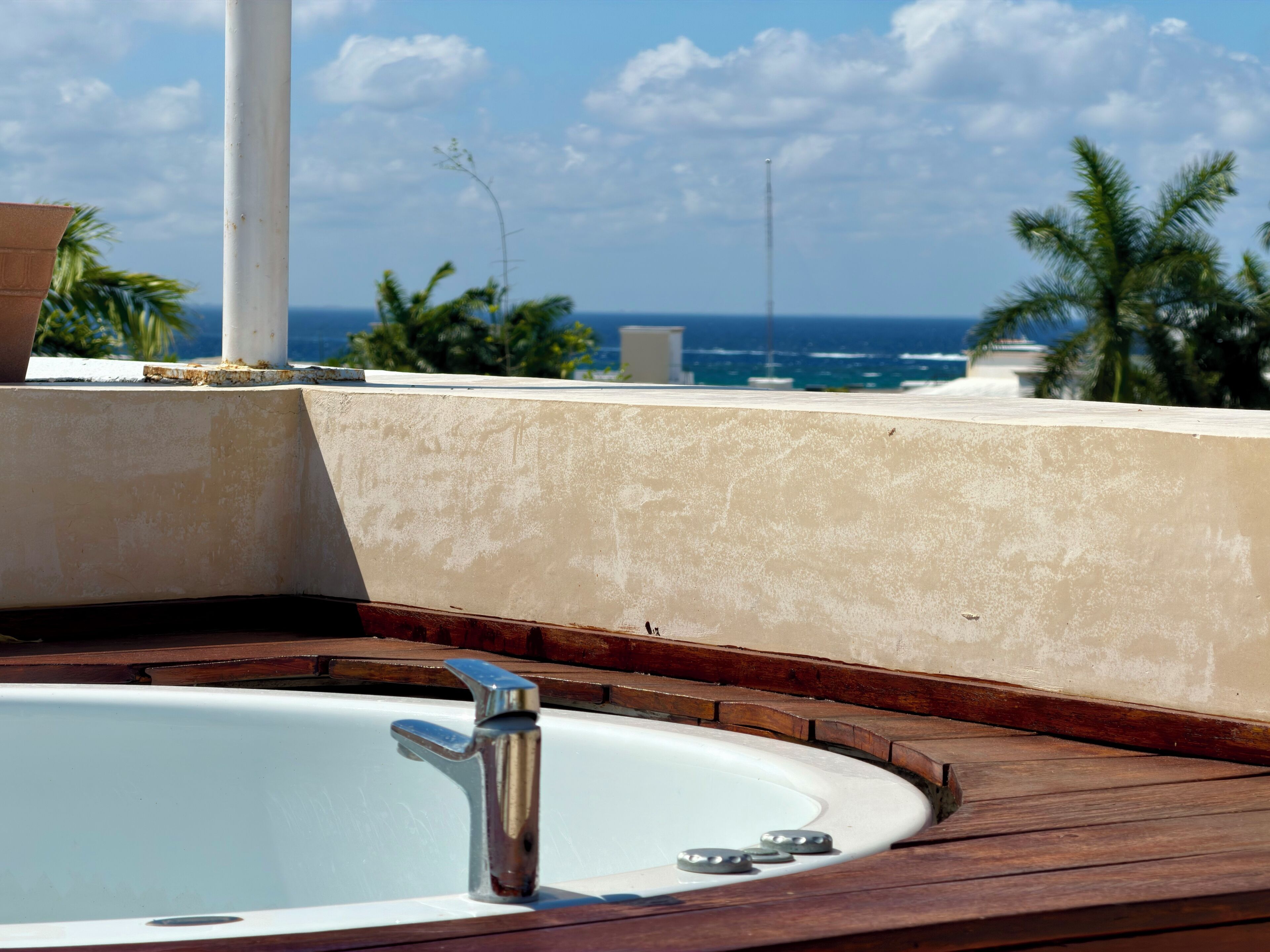 A hot tub with a view of the ocean and palm trees.