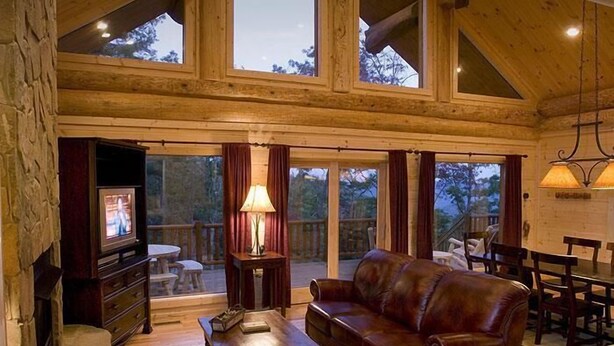 A cozy living room with a leather sofa, a TV, and a fireplace. - Sunrise Ridge - Free Train Tours + Cabin + Stunning Views/Deck + Close to (Bryson City)