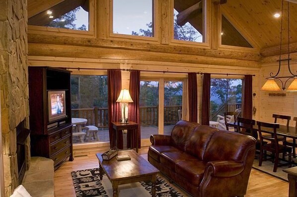 Televisión, chimenea, reproductor de DVD y estéreo 