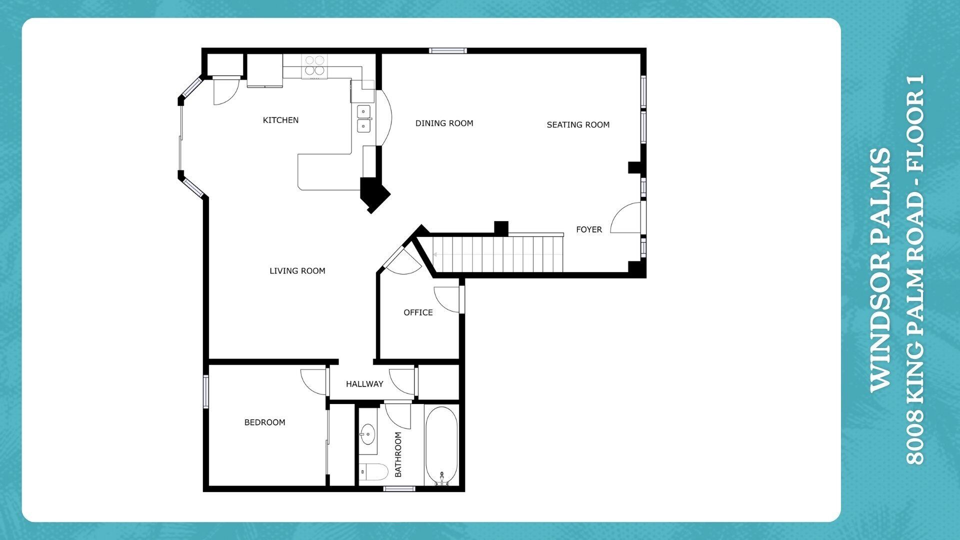 A floor plan with a kitchen, dining room, seating room, living room, foyer, office, hallway, bedroom, and bathroom.
