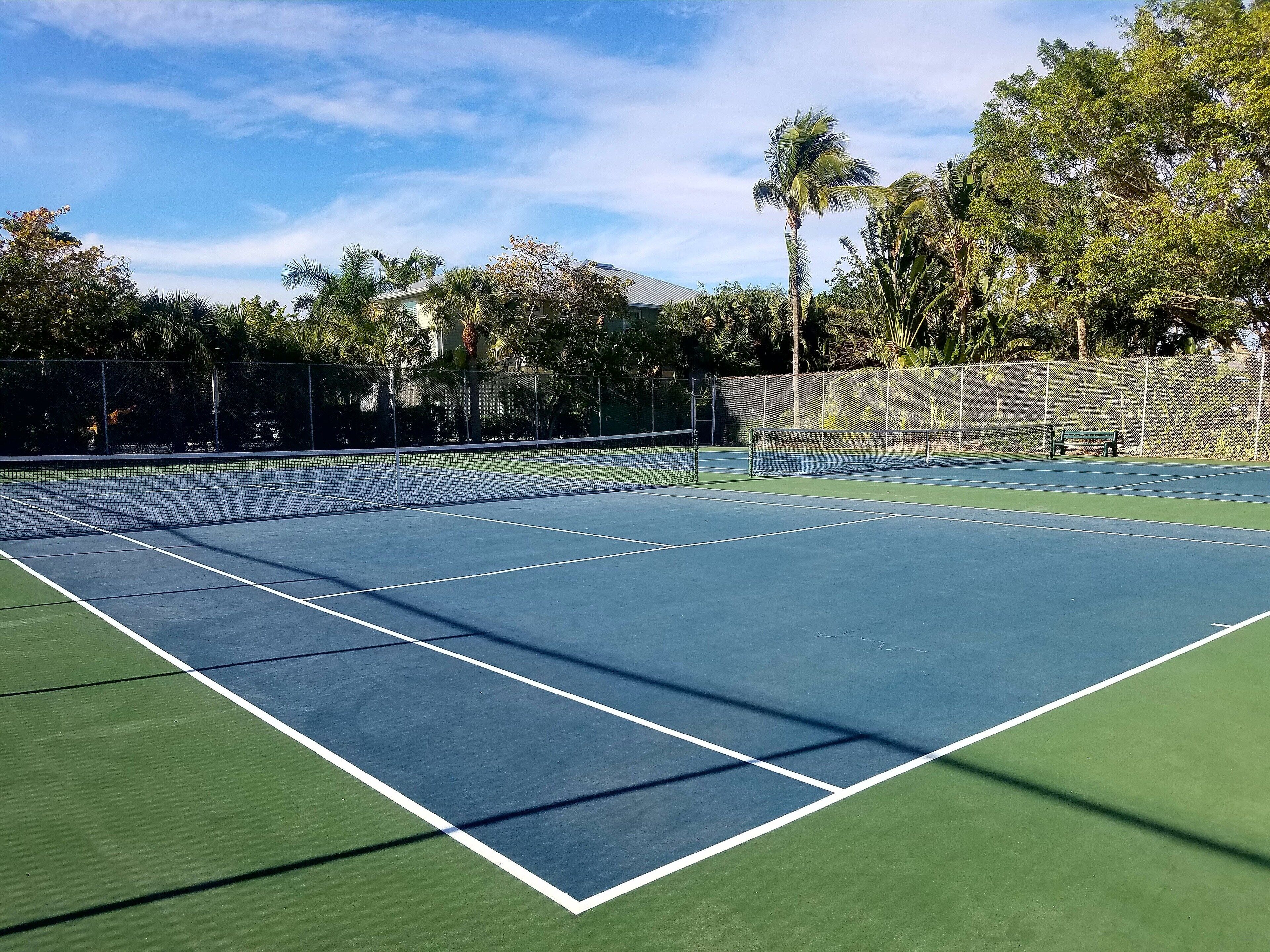 A tennis court with a net, surrounded by trees and a fence.
