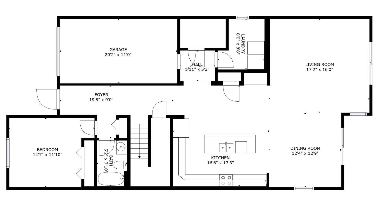 A floor plan of a house with a garage, living room, dining room, kitchen, bathroom, bedroom, and foyer.