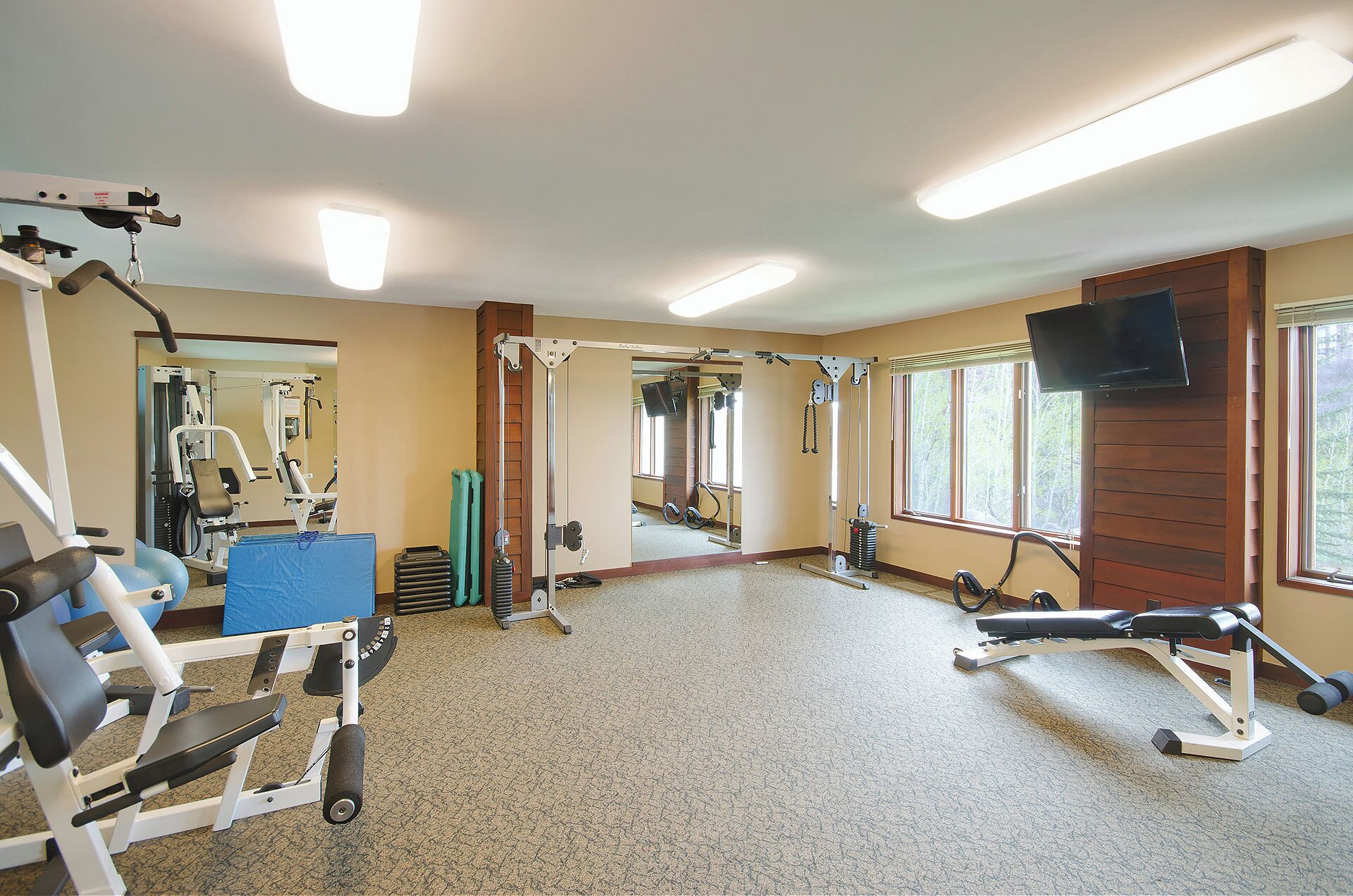 A gym with various exercise equipment, a television mounted on the wall, and windows providing natural light.