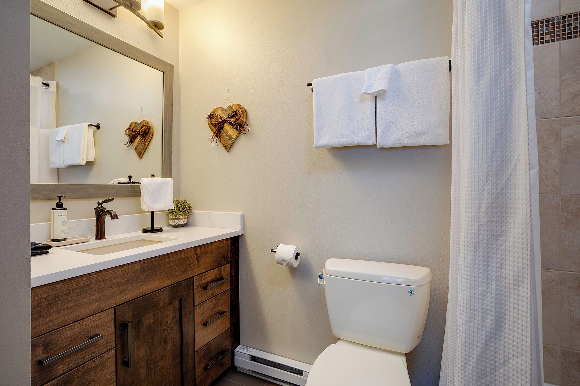 Een badkamer met een houten wastafelmeubel, een spiegel, een toilet en een douchegordijn.
