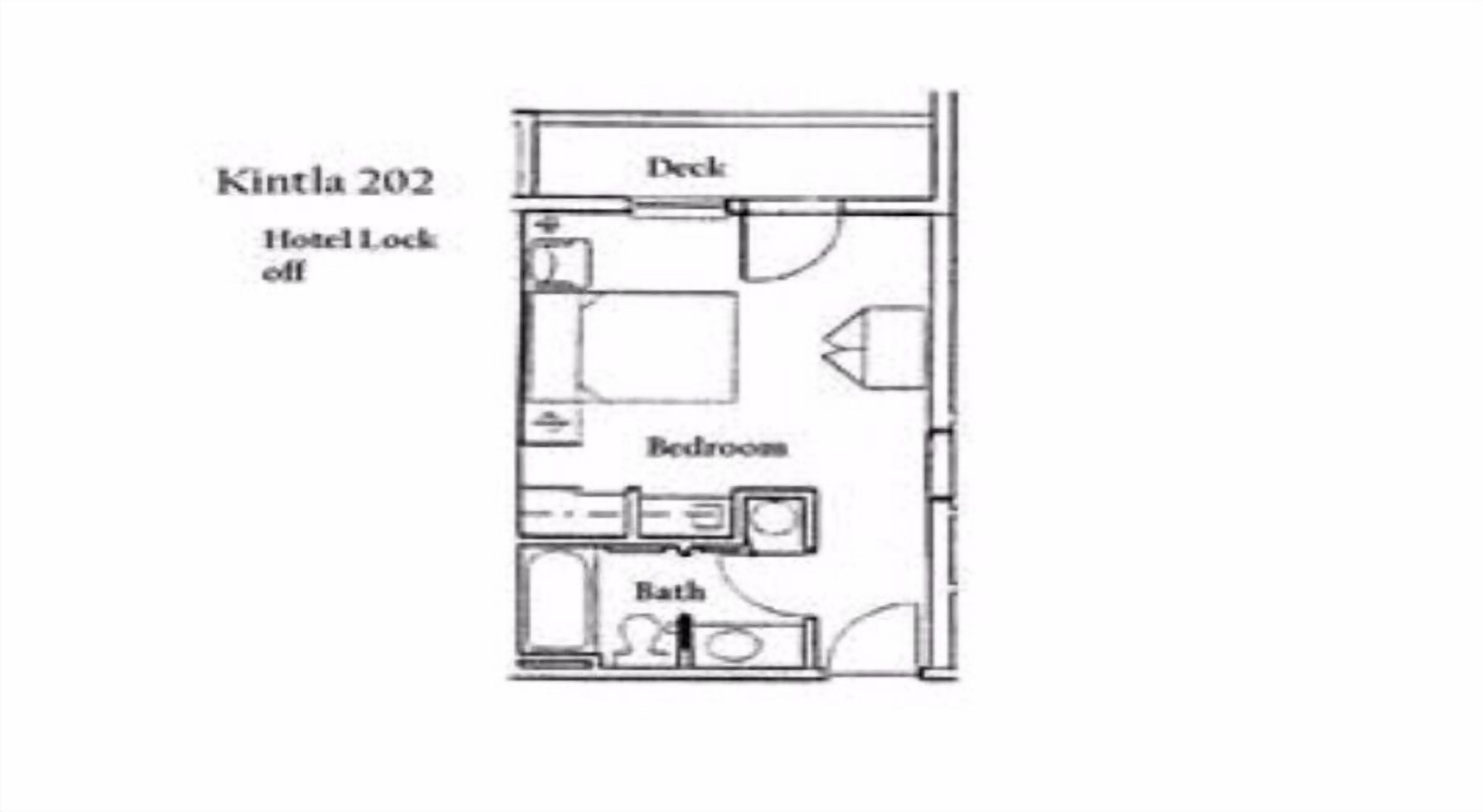 A floor plan of a hotel room labeled 'Kintla 202' with a 'Hotel Lock off' feature. It includes a 'Deck' area, a 'Bedroom', and a 'Bath' area.