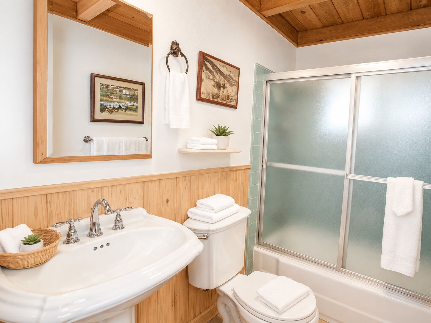 Ein Badezimmer mit Waschbecken, Toilette und Dusche. Handtücher und ein Korb befinden sich auf dem Waschbecken.
