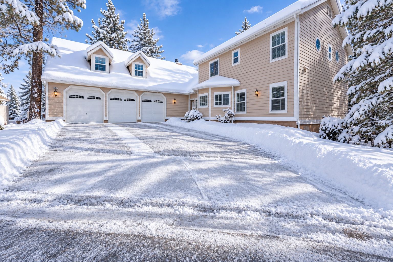 A two-story house with a garage, snow-covered trees, and a clear sky.