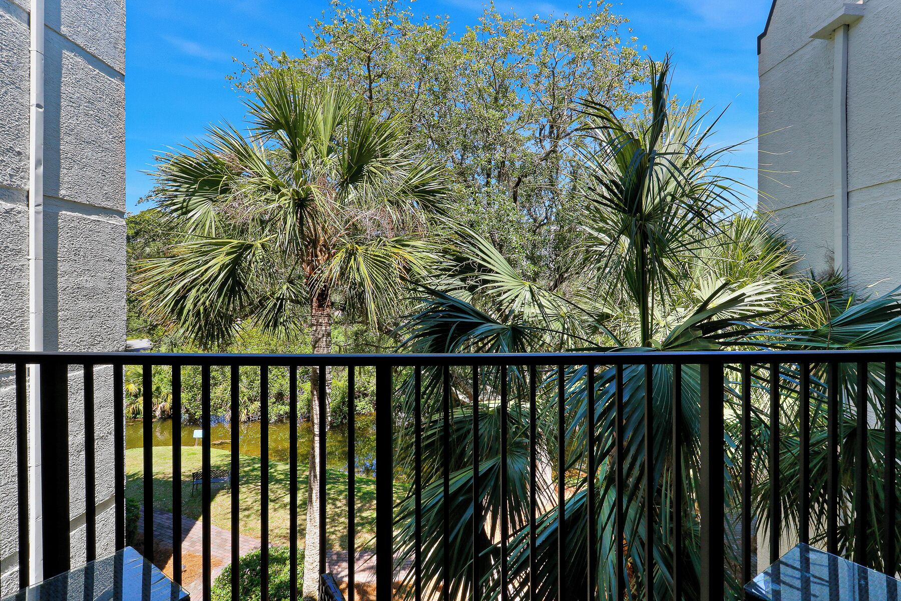 A balcony with a view of a garden, including palm trees and a pond.