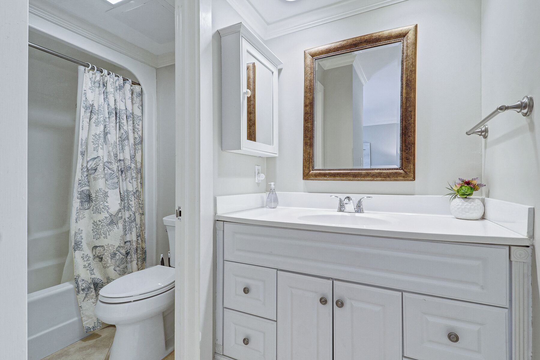 Une salle de bain avec des toilettes, un lavabo avec un miroir et un rideau de douche.