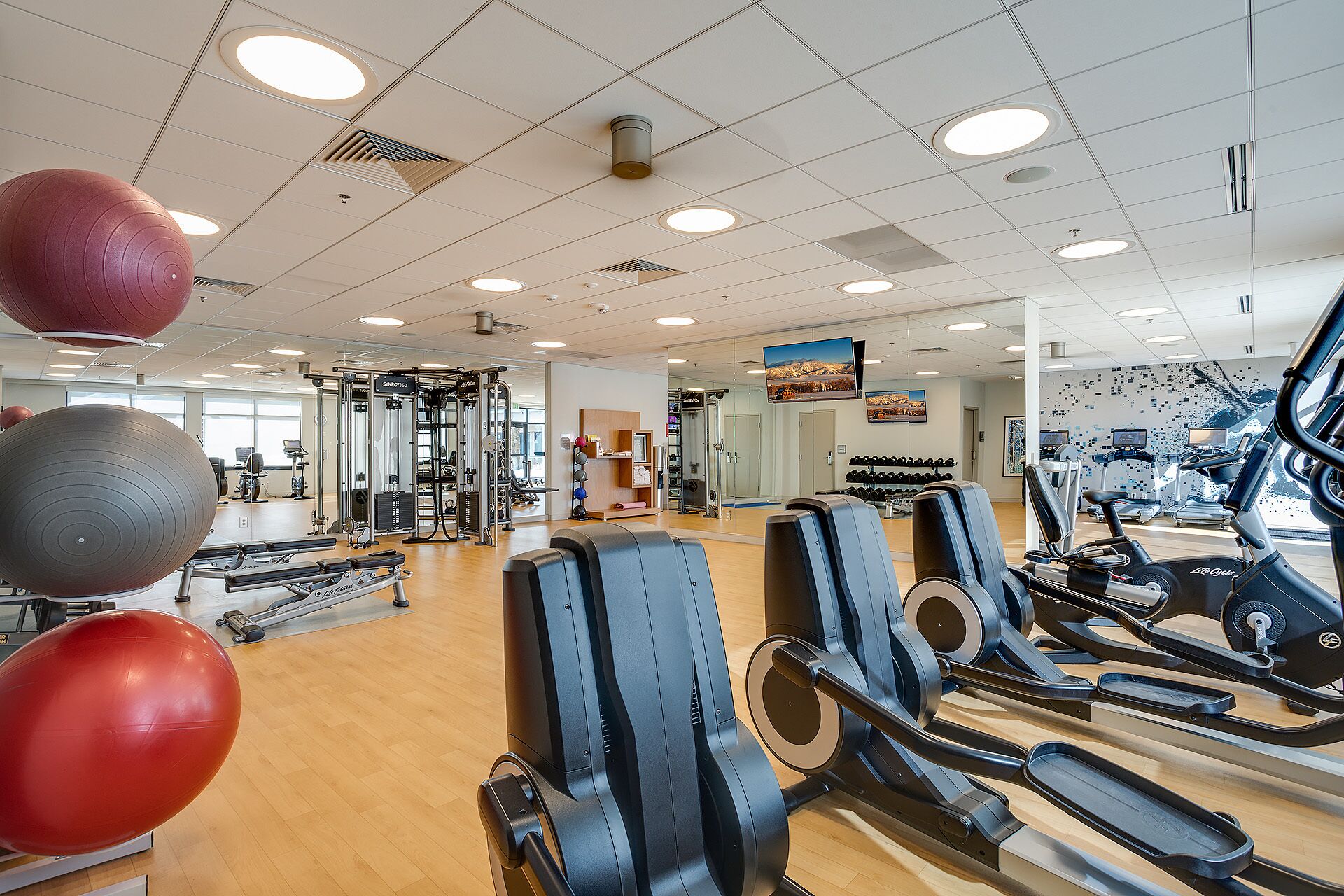 A gym with cardio equipment, weight machines, and exercise balls.