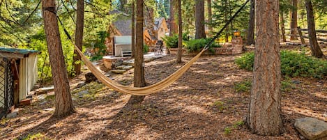A hammock between trees in a forested area with a stone building and a stone fireplace in the background.