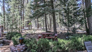 Un espacio al aire libre arbolado con un hogar a leña de ladrillo, mesa de picnic y bancos.