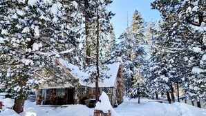 Una cabaña cubierta de nieve con fachada de piedra, rodeada de altos árboles de hoja perenne.