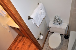 Une salle de bain avec des toilettes, un rouleau de papier toilette, une ventouse et une serviette suspendue à un porte-serviettes en métal.
