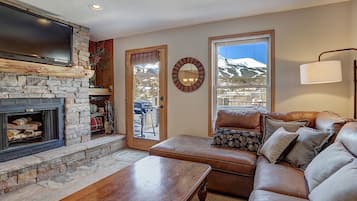 TV, fireplace, books