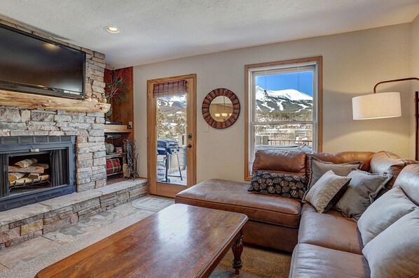 TV, fireplace, books