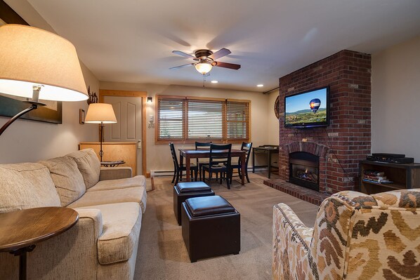 TV, fireplace