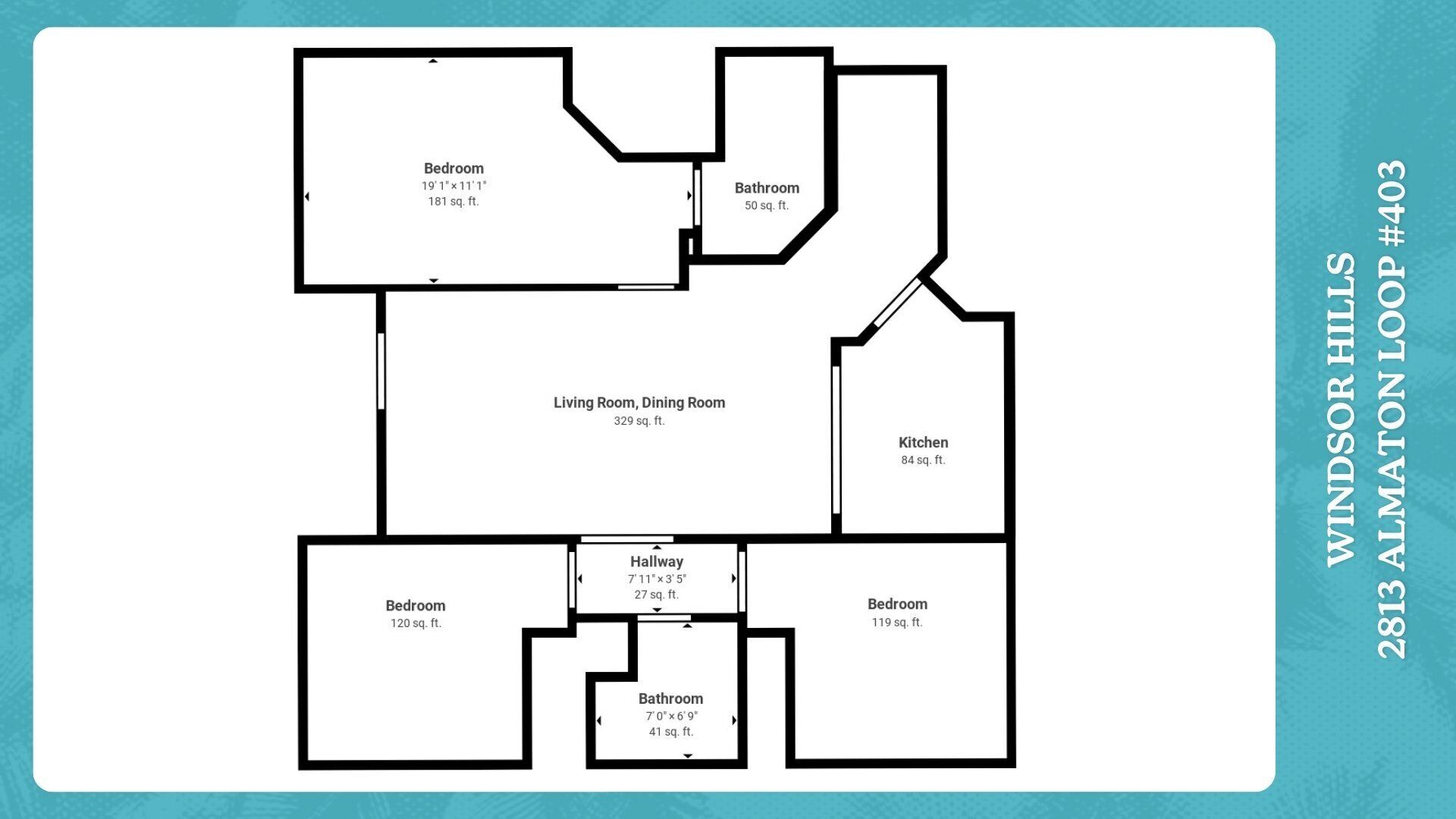Plattegrond met een slaapkamer (16,7 m²), badkamer (4,6 m²), woon-/eetkamer (30,6 m²), keuken (7,7 m²) en twee extra slaapkamers (11,1 m² en 11,0 m²).
