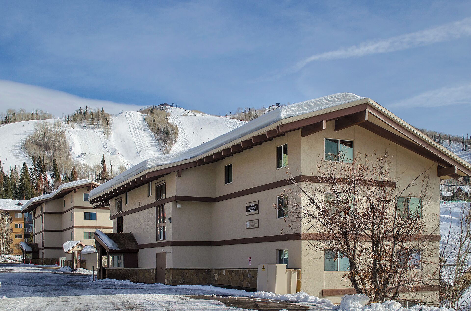 A multi-story hotel with a snow-covered roof, located in a mountainous area with ski slopes visible in the background.
