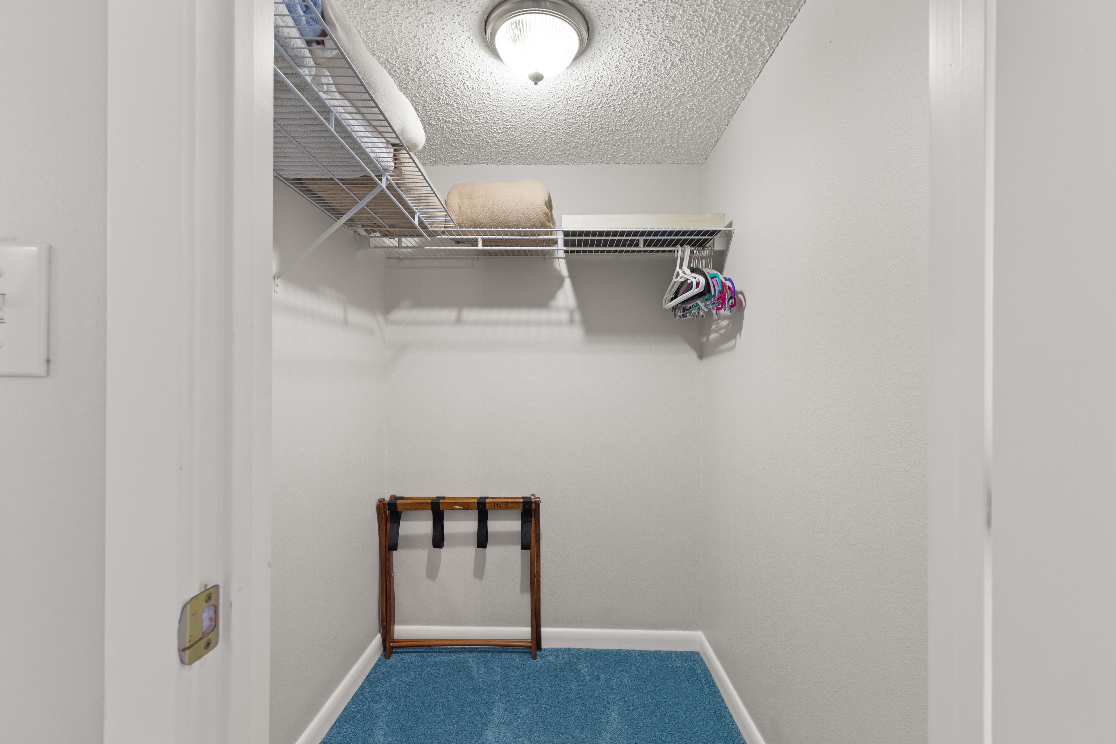 Una habitación pequeña y bien iluminada con una cama litera, un tendedero y una alfombra azul.