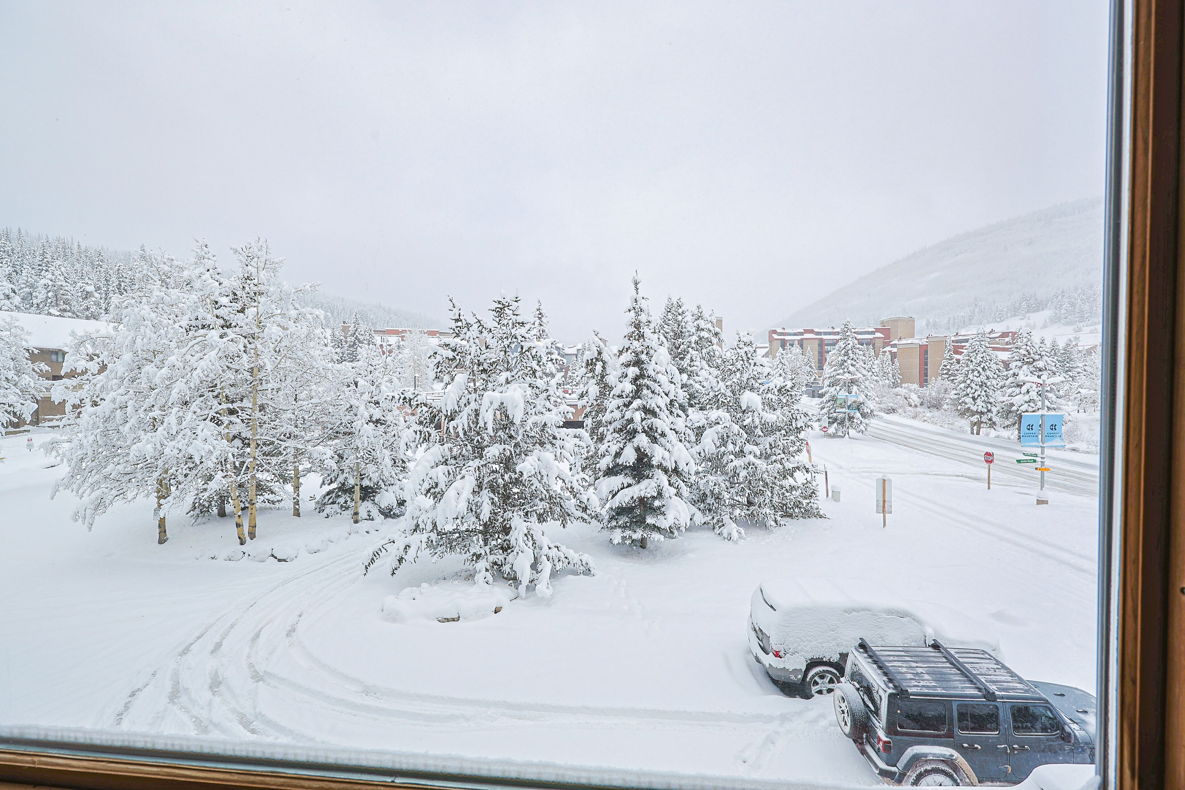 A snowy landscape with a road, parked vehicles, and snow-covered trees.