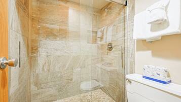 Combined shower/bathtub, hair dryer, towels
