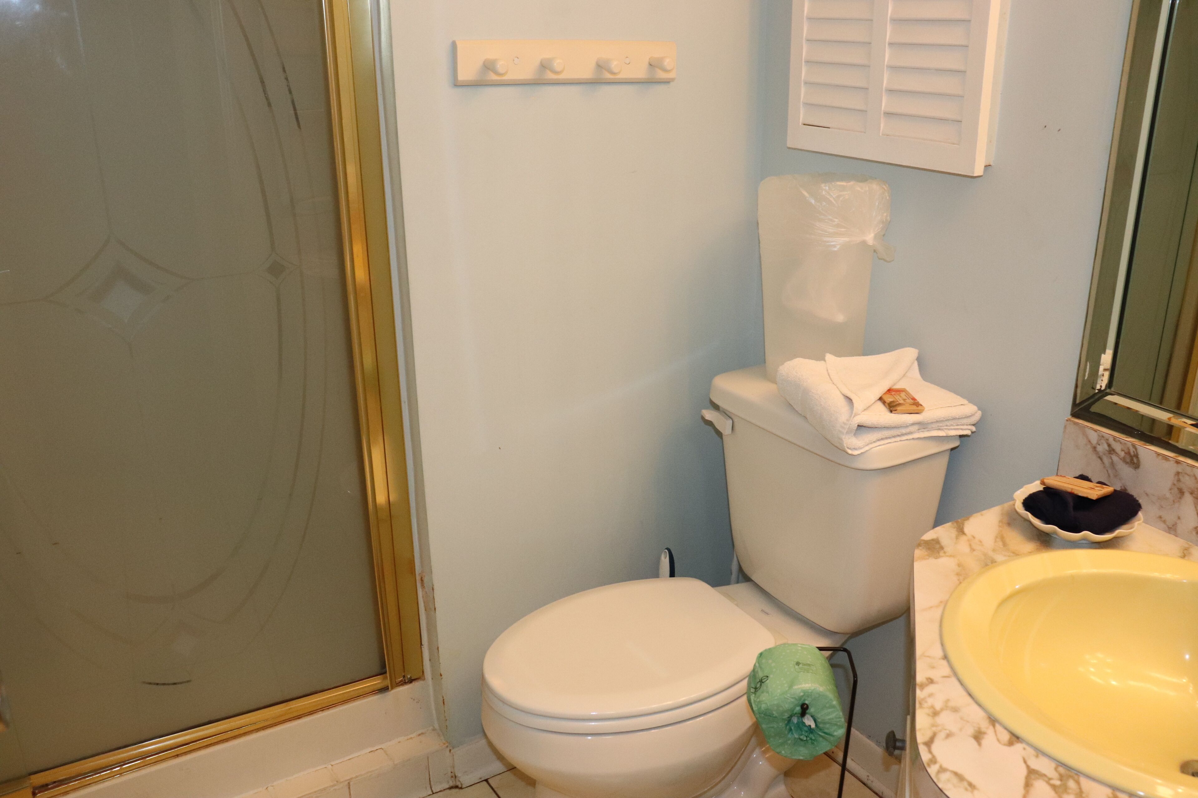 Une salle de bain avec des toilettes, un lavabo et une douche.